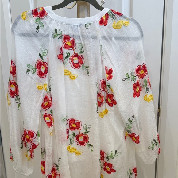 Embroidered Floral Button-Front Women’s Top in White with Red & Yellow Flowers - Picture 9 of 10